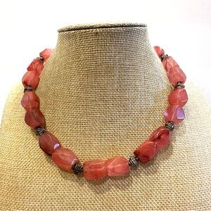 Strawberry Quartz Gemstone Necklace w/ silver tone spacers & toggle clasp